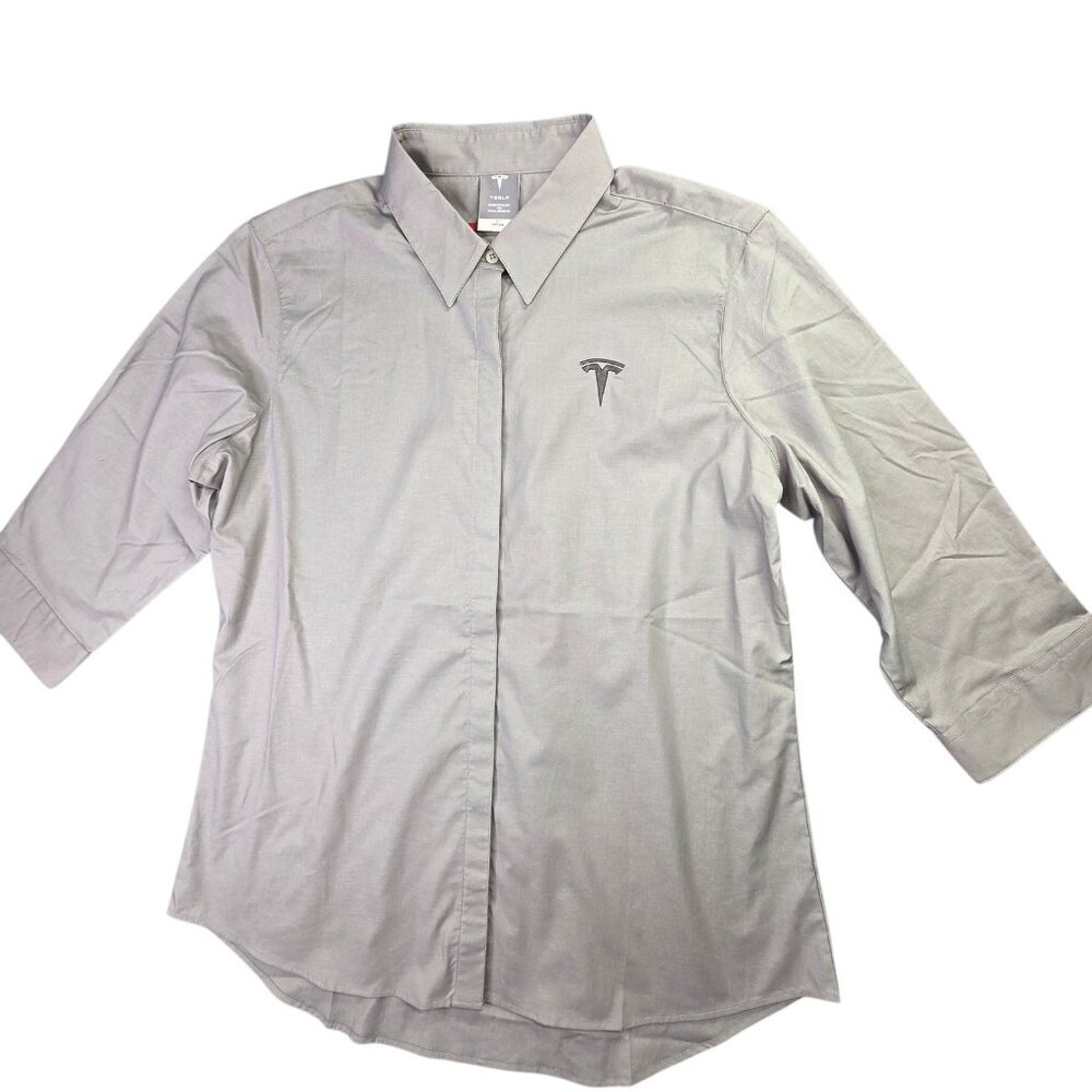 Tesla Shirt Womens L Gray Button Down 3/4 Sleeve Embroidered Logo Stretch Moto